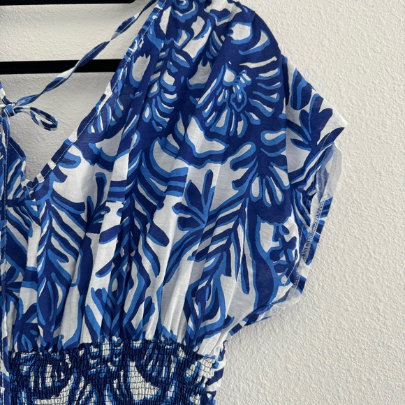 101 Idees Blue White Floral Print Maxi M/L Summer Beach V Neck Back Tie Dress - Picture 4 of 8